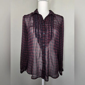 American Eagle Sheer Long Sleeve Ruffle Plaid Blouse